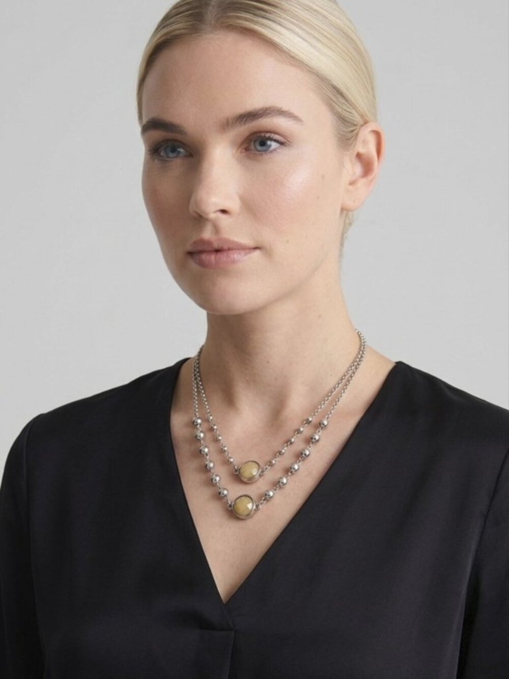 Layered Brown Faceted Bead Silver Necklace